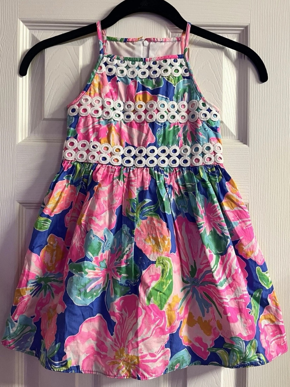 Girls Lilly Pulitzer Pink, Blue & Green Floral Halter Dress with White Eyelet 4